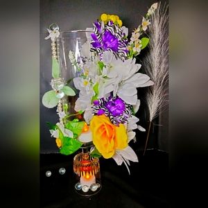 Purple & Yellow Zebra Stripe Candle Table Centerpiece